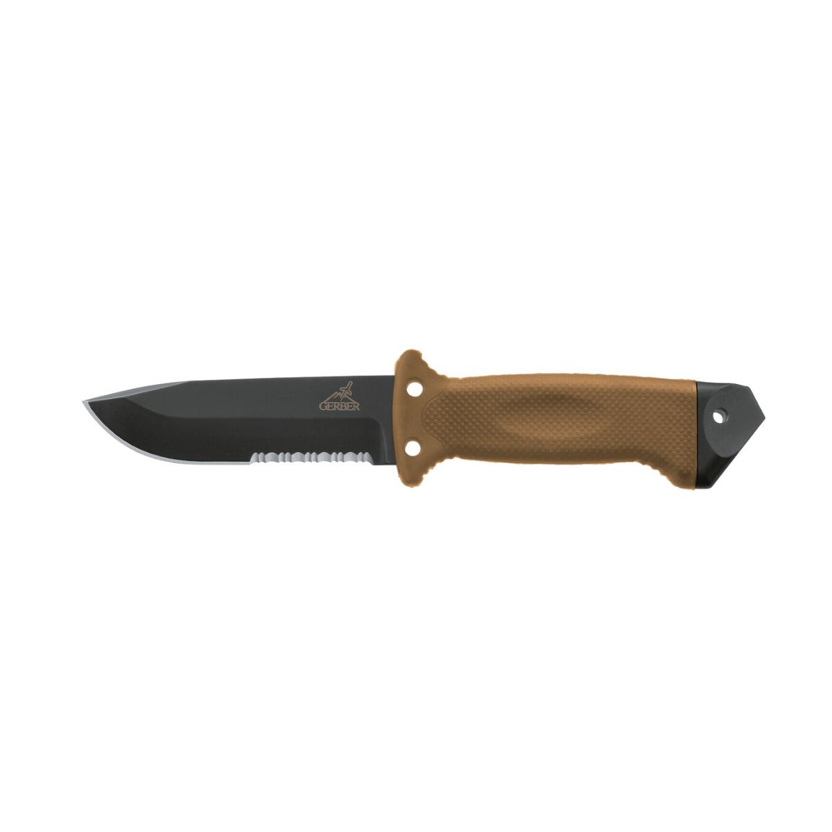 Cutit de supravietuire Gerber cu lama fixa zimtata si toc pentru picioare, lungimea lamei 12,3 cm, LMF II Infantry Fixed Blade, otel carbon 420HC, maro